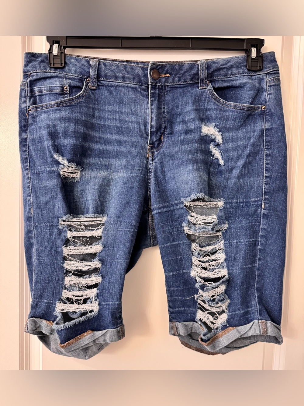 #z169 - Wax Jean High-Waisted Cuffed Distressed Dark Wash Blue Denim Jean Shorts